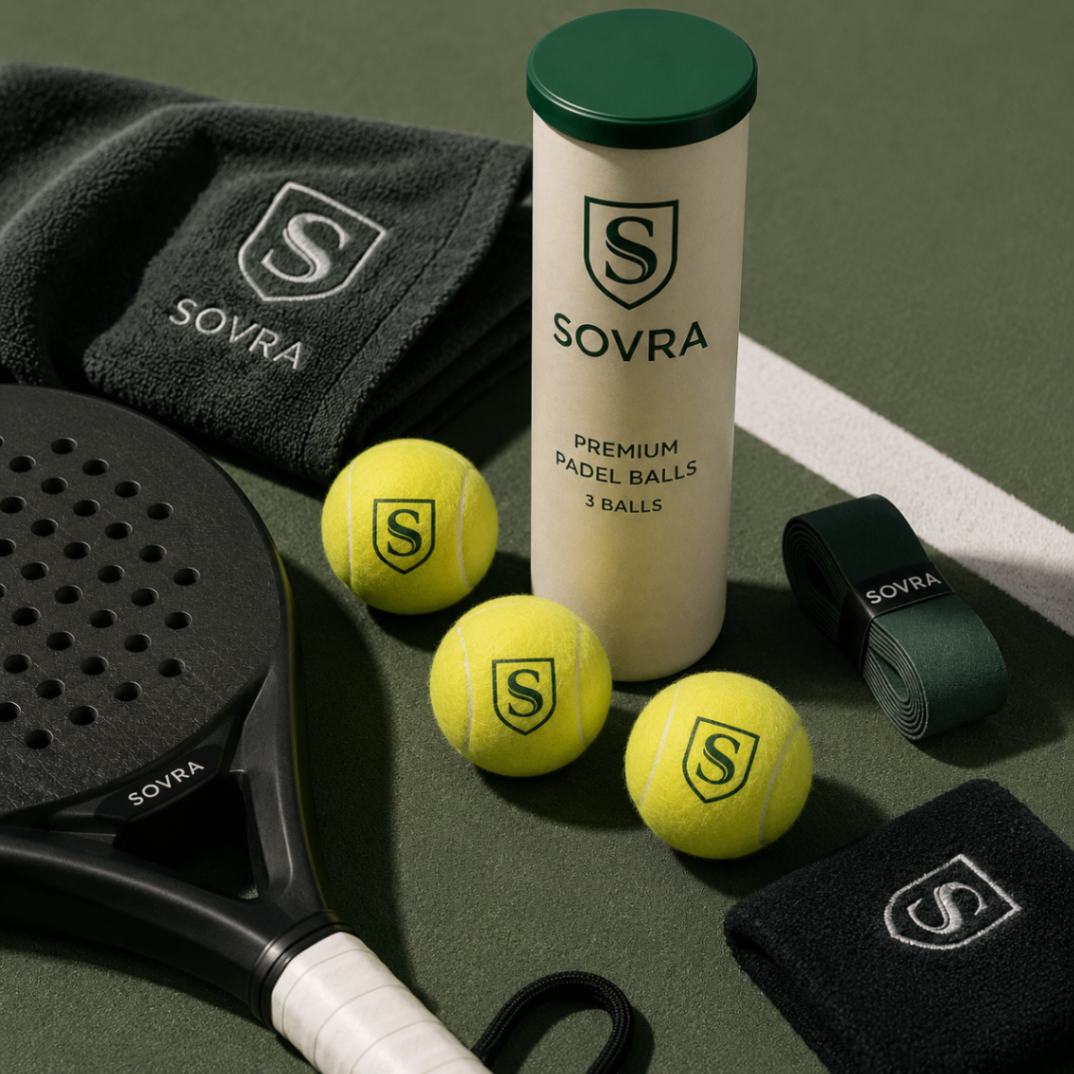 Tubo y pelotas Sovra dispuestos sobre la pista de pádel.
